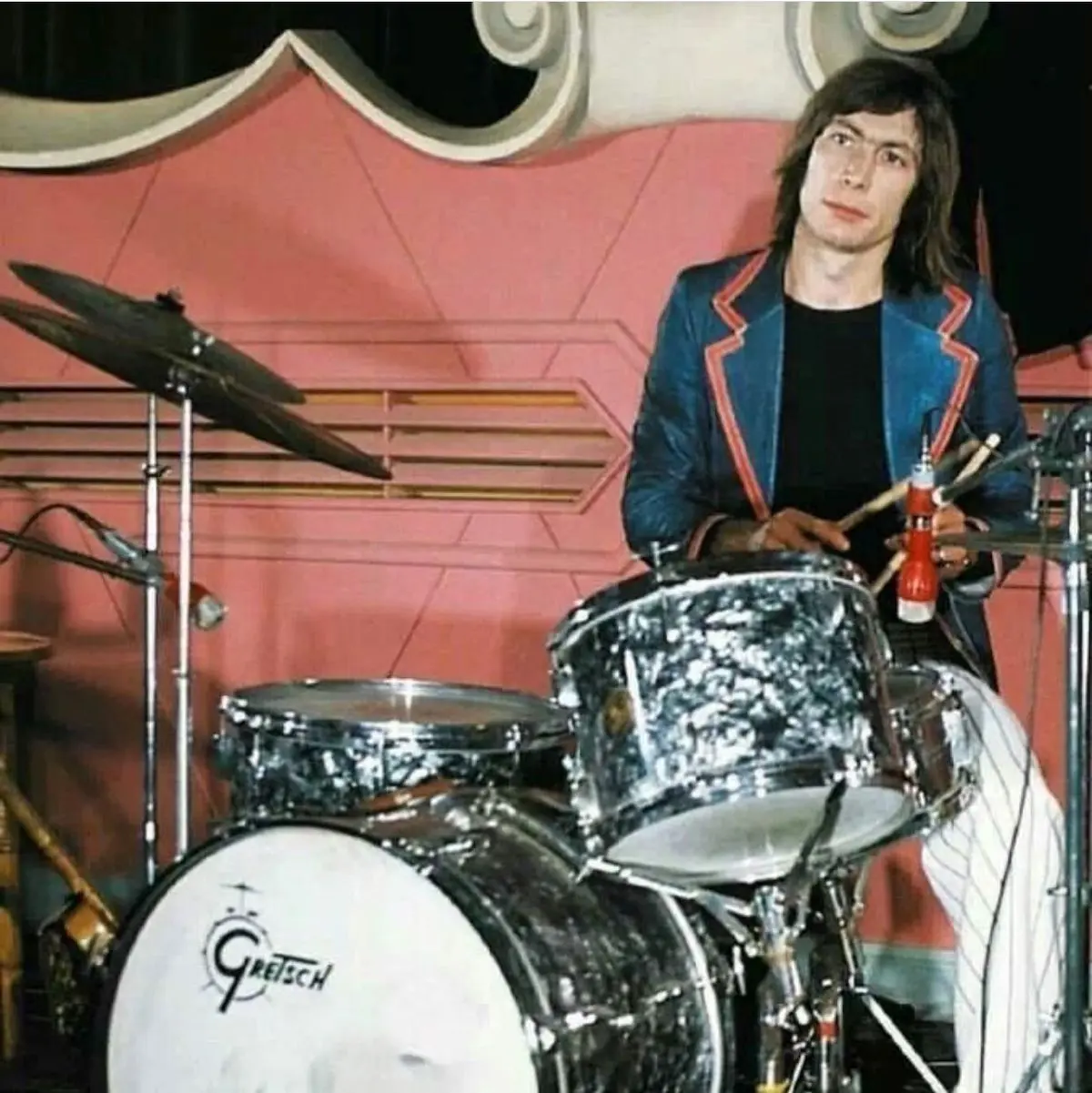 Charlie Watts playing his Gretsch drum kit